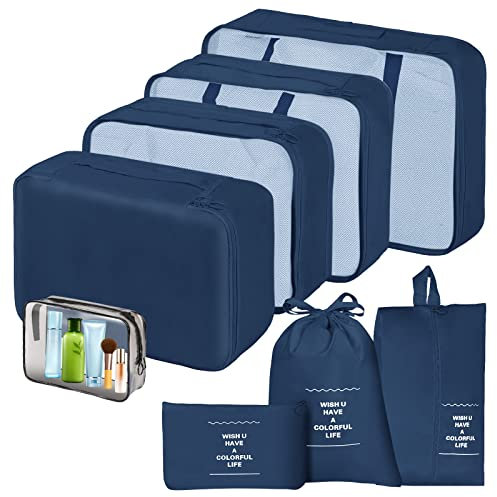 Sarsumir Koffer Organizer Set Packing Cubes, 8 Stück Reise Packwürfel Kofferorganizer Compression Packtaschen für Koffer mit Wasserdicht Schuhbeutel Kleidertaschen, Navy Blau
