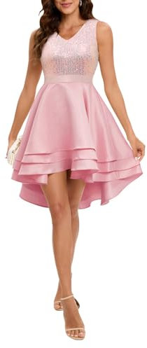 Meetjen Robe de Cocktail Scintillante pour Femme Tenue de Soirée Courte Col en V Princesse Satin Paillettes Rose XL