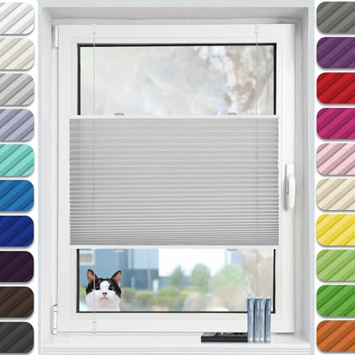 Plissee ohne Bohren Klemmfix 110 x 140 cm Leicht zu montieren & Verspannt Plisseerollo Jalousie innen, inkl Befestigungsmaterial, für Fenster & Tür, Hellgrau