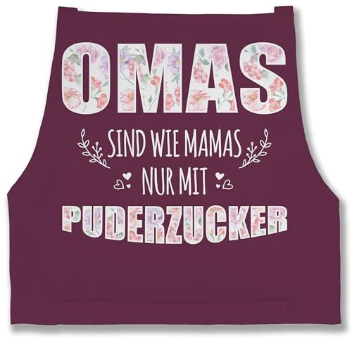 Schürze - Oma Erwachsene - Omas sind wie Mamas nur mit Puderzucker - Geschenk Omi - 85x69 - Aubergine - backen für weimachtsgeschenke oma. kochschürze lustig geschenke zum muttertag grandma