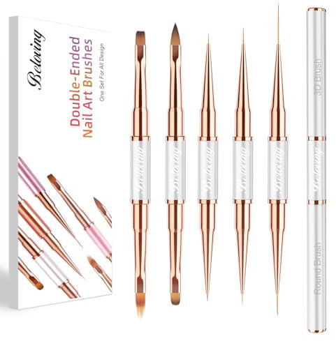 5 Stück Pinsel für Gelnägel, Doppelseitige Nagelpinsel Set mit Deckel Dünn für UV Lack, Fineliner Pinsel Nailart, Gel Polygel Pinsel für Nägel Aufbau, Nageldesign Ombre, 3D und Nail Polish, Weiß