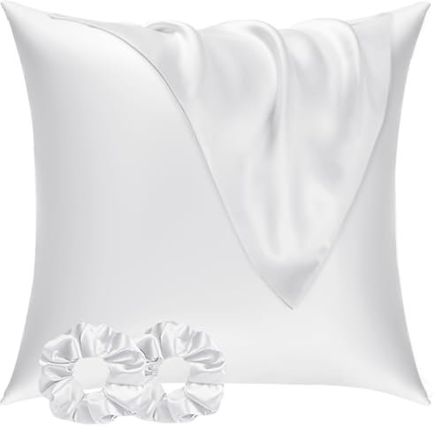 Vielit Satin Kissenbezug 80x80 2er Set & 2 Haargummis, Satin Kopfkissenbezug 80x80 Weiß, Weich wie Seidenkissenbezug 80x80,Bessere Pflege als Silk Pillosecase,Kissenhülle Kissenbezug für Haar und Haut