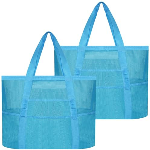 Amonsen Große Netz-Strandtasche mit 8 separaten Taschen, Netz-Aufbewahrungstasche für Strandurlaub, gut für Sllipers, Handtücher, Sonnencreme, Getränke, Hellblau, 2 Stück, XL