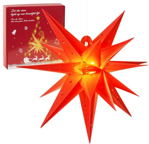 SUNBEAUTY Weihnachtsstern Beleuchtet Batterie mit Timer, 58CM Hängend Weihnachtsdeko Aussen Led Stern, 3D Leuchtstern, Rot Weihnachtsstern für innen und außen