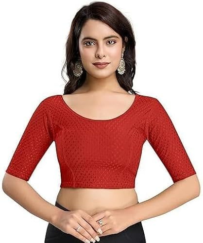 Accessorize Kingdom Women's Dobby Pure Cotton Elastin Stretchable Readymade Round Neck Elbow Length Sleeves Blouse Choli Stylish Saree Blouse (Red, XXL)