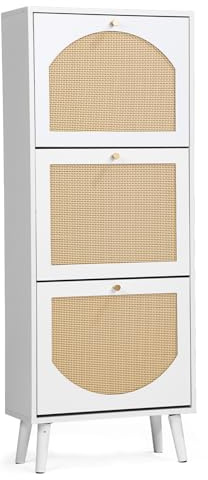 TactFire Schuhschrank Schmal, Schuhregal mit 3 Klappen, Schuhkipper Weiß | Schuhablage,Schuhaufbewahrung Holz mit Verstellbar Schuhkommode, Geflochtene Rattan-Schubladenfront, 54x24x135cm