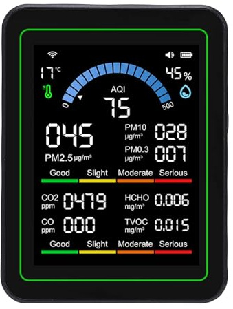 Kelawoly Smarter Luftqualitätsmonitor, 10-in-1-Detektor für CO2, Formaldehyd, PM2,5 TVOC mit -App, Echtzeitdaten, Tragbarer Innenlufttester mit Batterie, Schwarz