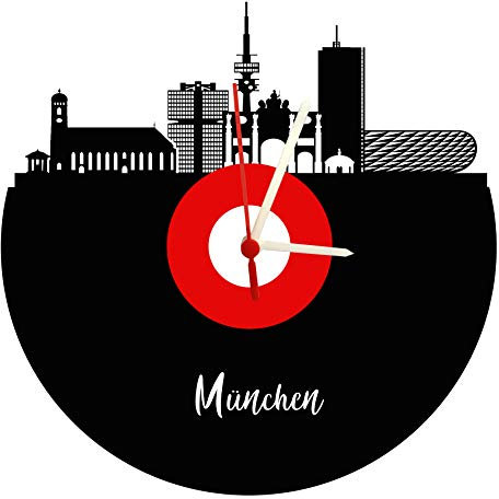 Wanduhr München Skyline, rot-weiß, Schallplattenuhr mit Quarzwerk,