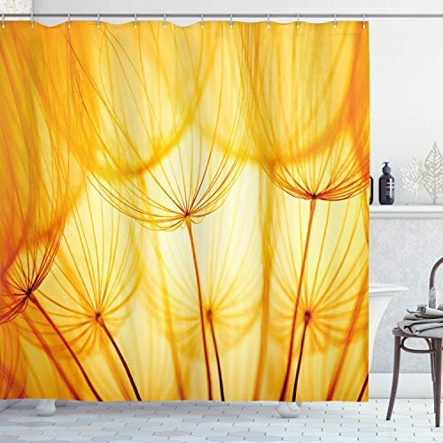 ABAKUHAUS Blumen Duschvorhang, Löwenzahn Sommergarten, Stoffliches Gewebe Badezimmerdekorationsset mit Haken, 175 x 180 cm, Merigold und Weiß
