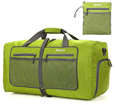 Bekahizar Leichte Faltbare Reisetasche 60L Große Travel Duffle Bag Übernachtung Taschen Verpackbar Reisegepäck Gym Sporttasche Mit Schuhfach für Herren Damen Flugzeug Camping Reisen Urlaub (olivgrün)