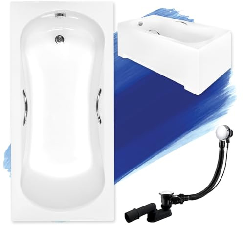BADLAND Badewanne Original Weiß Acryl Wanne Rechteck ARIA PLUS 170x70 KOMPLETTSET SET mit Weiß Acrylschürze + Füßen und Exklusive Chrom Automatik Ablaufgarnitur Made in EU 4in1