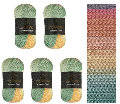Wollbiene Summer Touch Batik 5 x 100 Gramm Wolle Mehrfarbig mit Farbverlauf, 500 Gramm merzerisierte Strickwolle Microfiber-Acryl (501 gelb-orange-mint)