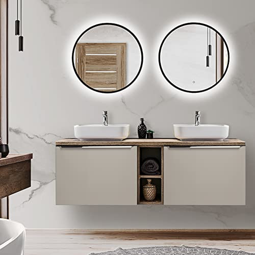 Lomadox Badmöbel Komplett Set Taupe mit Vintage Eiche, 140cm Doppel-Waschtischunterschrank mit 2 Keramik Waschbecken, 2 LED-Spiegel 60cm
