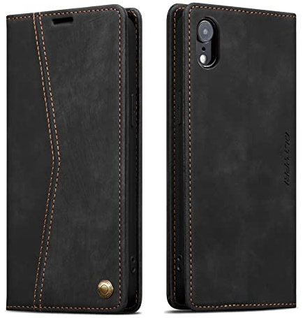 QLTYPRI Hülle für iPhone XR, Vintage Dünne Handyhülle mit Kartenfach Slot Ständer PU Ledertasche Klapphülle TPU Bumper Flip Schutzhülle Kompatibel mit iPhone XR - Schwarz