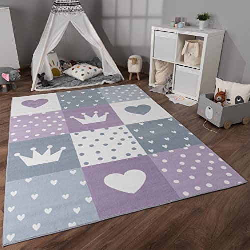 Paco Home Teppich Kinderzimmer Kinderteppich Spielteppich Kurzflor rutschfest Krone Herzen Punkte Sonne Regenbogen Buchstaben, Grösse:200x280 cm, Farbe:Lila