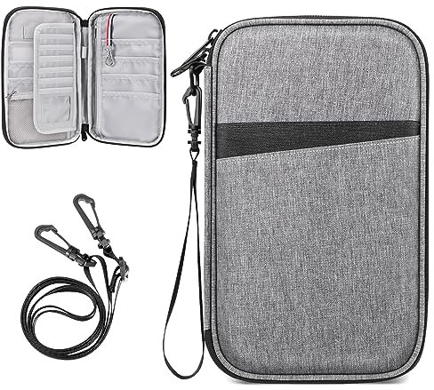 FINTIE Reisepass Tasche Familie Reiseorganizer, RFID-Blockier Wasserdicht Handytasche Reisepasshülle Ausweistasche Dokumente 6 Pässe für Damen und Herren, Grau