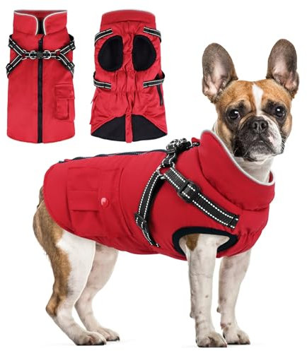 Woiil Hundemantel Winter Warme Hundejacke für Mittelgroße Hunde Wasserdicht Warme Hundejacke Winddichter Wintermantel kuschelige Reflektierend Hundejacke Ärmellose mit Geschirr Outdoor Rot M