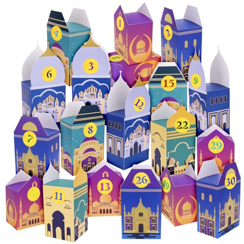 Yotako Ramadan Kalender zum Befüllen 30 Adventskalender Ramadan Geschenkboxen Tüten mit 30 Zahlenaufkleber Mubarak DIY Geschenktüten Kinder Wiederverwendbar Muslimischen Ramadan Deko (Blau und Lila