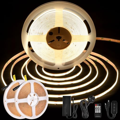 BERIXDEEP COB LED Strip 20m, Dotless LED Strip Light with Remote and Power Supply, 348LEDs/m, CRI 90+, 8mm Width, DC24V LED Band for Bedroom, 2 * 10m, Natural White, 4000K