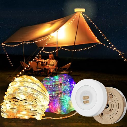 Camping Lichterkette Aufrollbar, Tragbare Wasserdichte Verstaubar Usb Wiederaufladbare Campinglampe Für Aussen Balkon Hof Party Festival Deko (Gelb, 10M (Farbe & Warmes Licht))