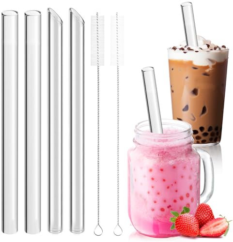 Annyswit 4 Pièces Paille en Verre Réutilisable avec 2 Brosses de Nettoyage Paille Bubble Tea 14×215mm Largeur Grande Paille en Verre pour Smoothie Cocktail Slush Jus Thé