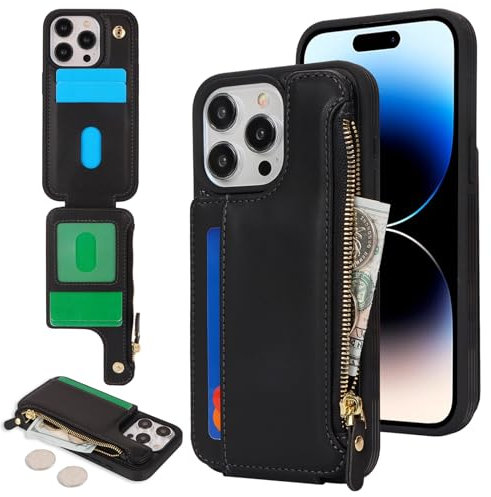 SailorTech Handyhülle für iPhone 14 Pro Etui mit Kartenfach, iPhone 14 Pro Hülle mit Kartenhalter, iPhone 14 Pro Handyhülle mit Reißverschluss Geldbörse - Schwarz