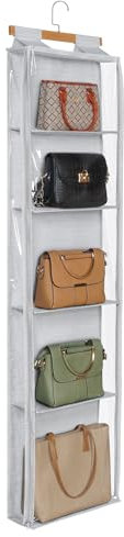 Syeeiex Dustproof Hanging Handbag Organiser With Zip, Extra Large 5 Clear Pockets Purse Organizer Space Saving Hanging Handbag Storage Organiser for Wardrobe Bedroom Living Room