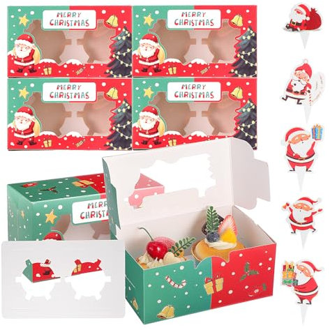 TsunNee 20PCS Christmas Cupcake Boxes 2 Hole Muffin Boxes with Inserts, Xmas Treat Boxes Gift Boxes, Cookies Gift Baking Box for Christmas Pastries Brownies Party Supply