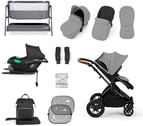 Get More for Less! Ickle Bubba Stomp Luxe 14-Piece Travel System Bundle with i-Size Cirrus Car Seat & ISOFIX Base, Bubba&Me Crib, Pushchair, Footwarmers, Rain Cover & More (Black/Pearl Grey/Tan)