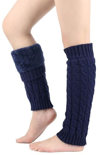 hardinox Warme Fleece-gefütterte Beinstulpen für Damen, gestrickt, Skaten, Beinbedeckung, lange Stiefelsocken, marineblau, 15.7 x 4.57in (elastic)