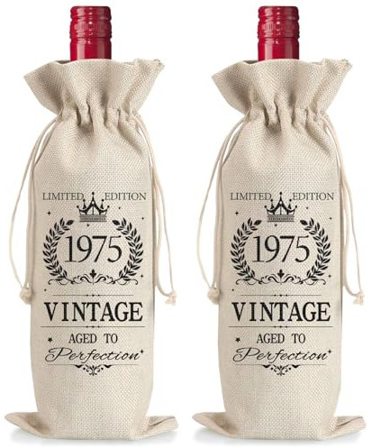 Tarklanda 2PCS 50th Birthday Gifts for Men Women, 1975 Years Wine Favor Bag, Natural Linen Drawstring Wine Bag, 1975 Birthday Jute Bags Gifts Limited Edition for Mom Dad Colleague