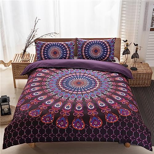 Covebett Boho Bettwäsche 140x200 Lila Violett Mandala Blumen Vintage Muster Wendebettwäsche Set Bohemian Floral Blumenmuster Microfaser Bettbezug und Kissenbezug 70x90 cm mit Reißverschluss