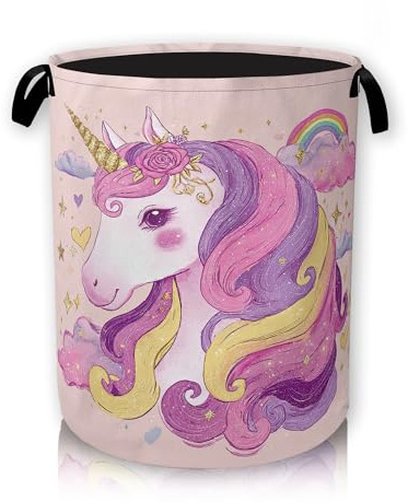 Cartoon Unicorn Laundry Hamper, Round Waterproof Storage Basket with Handle, Large Canvas Collapsible Chest for Home/Dorm/Office/Closet/Shelf/Gift Baskets 66L