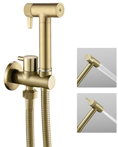 Douchette Toilette WC Doré, Pulvérisateur de Bidet à Main, Kit Douchette WC aver 1.2m Flexible de Douche e Support, 2 Jets Douchette à Main Bidet, Douchette WC Mural en Laiton