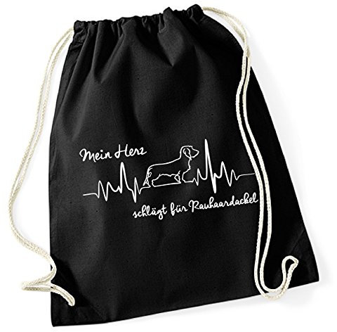 siviwonder Turnbeutel - RAUHAARDACKEL Dackel Teckel Wiener Sau Jagd Rauhhaardackel - HEARTBEAT Herz Herzschlag EKG Baumwoll Tasche Beutel schwarz