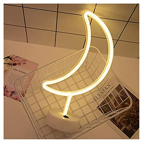 ENUOLI LED Moon Neon Light Signs Room Decor LED Neon Lights with Pedestal Warm White Night Lights Battery/USB Powered Indoor Lighting Bedside and Table Lamps Home Decoration