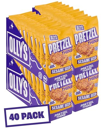 Olly's Pretzel Thins, Sesame Seed, 35g (Pack of 40), Handy Snack Pouches, Healthy Plant-Based Vegan Snacks for Dipping, Low Calorie Snacks, Low Fat, Source of Fibre, No Preservatives