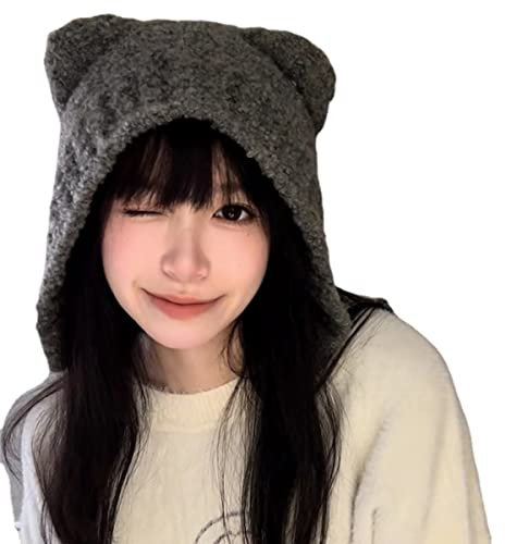 Fairy Grunge Beanie Y2K Bärenohren Hut gehäkelte Slouchy Mütze Winter Warm Strick Alt Kopfbedeckung Zubehör, Grau, 54-58cm