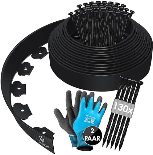 KESSER® Flexible Rasenkante aus Kunststoff Länge 20m Höhe 5cm, mit 130 Erdanker + 2 Paar Handschuhe Beeteinfassung Beetumrandung Beetbegrenzung Mähkante Pflastersteine Palisade - Schwarz