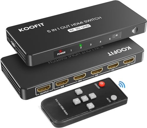 Switch HDMI 4K, Multi Commutateur Multiprise HDMI Switch 5 Entrées 1 Sortie, Commutateur avec Télécommande, Multiprise 5 Port Selector Box Supporte 4K 3D UHD, Multi pour TV, PS5,Blu-Ray, DVD, Xbox