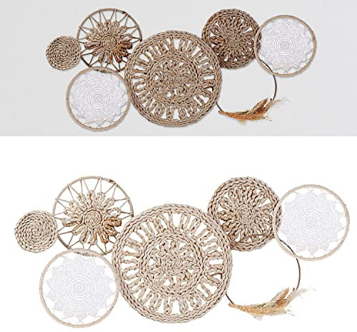 Cepewa Wanddeko 3D-Optik zum Aufhängen │ Motive Kreise 89x41,5x7cm Eisen Raffia Baumwolle │Wandskulptur horizontal vertikal (1 x Wanddeko Alika)