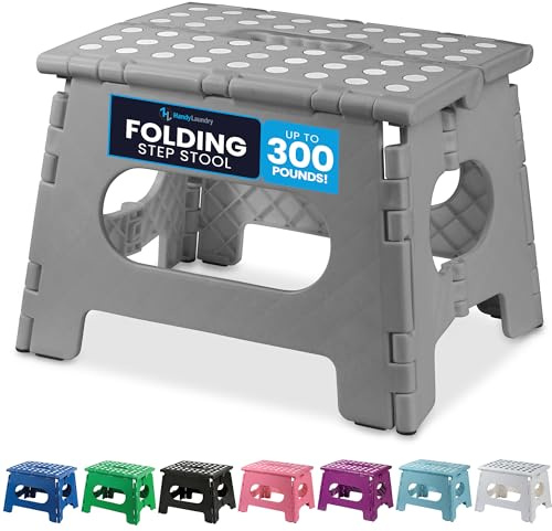 Handy Laundry Folding Step Stool 9 Inch, Grey, Non-Slip Holds 300 lbs | Foldable Collapsible Step Stool, Kitchen Bathroom Bedroom, Adults