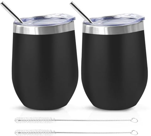 QUTHZZHY Vasos de Vino de Acero Inoxidable, 2pcs Taza Termica 350mL, con Tapa y Cepillo para Pajita, Mantiene 6 Horas Caliente/10 h Frío, Doble Pared, para uso Familiar al Aire Libre de Picnic