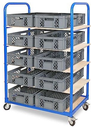 BRB Etagenwagen mit 5 Ebenen, BxTxH 1050x500x1450 mm bestückt mit 10 Euroboxen BxTxH 600x400x150 mm, durchbrochen (grau)