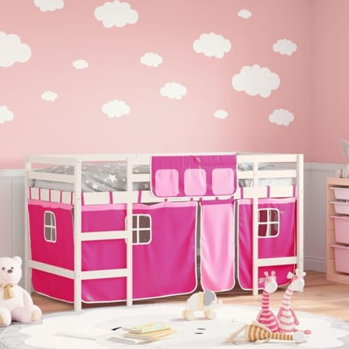 vidaXL Kinderhochbett, Hochbett mit Leiter Vorhängen, Spielbett Bett für Kinder ab 6 Jahren, Kinderbett Etagenbett Stockbett, Rosa 90x190cm Massivholz Kiefer