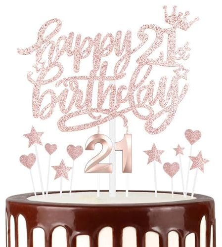 mciskin Girls 21st Happy Birthday Candles Cake Toppers, Number 21 Candle for Cake, Rose Gold Candles for Women Birthday Decorations, Heart Star Cake Toppers for 21st Birthday Party Wedding Anniversary