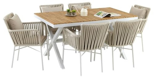 IDIMEX Gartenmöbel Set AFUERA aus Alu in weiß und WPC, Moderne Outdoor Sitzgruppe Tischplatte in Holzoptik und Rope in Champagner, inkl. Sitzkissen, Terassenmöbel