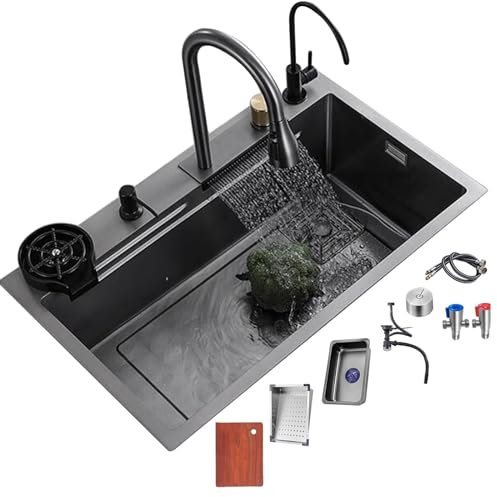 Fregadero De Cocina Multifuncional Con Grifo De Cascada - Acero Inoxidable 304 Negro, Grande De Un Seno, Accesorios Completos