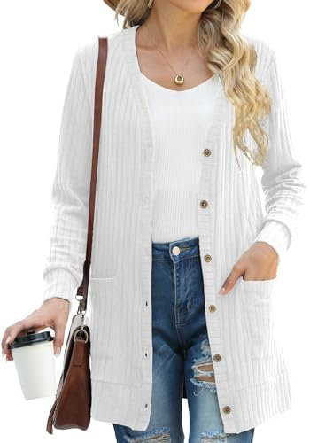 GRECERELLE Womens Fall Cardigan Long Sleeve Open Front Cardigans Button Down V Neck Cardigans for Ladies (White, L)