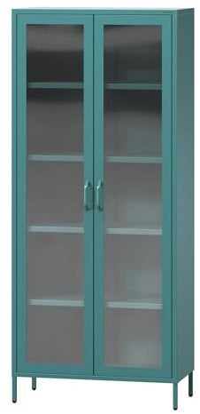 Jan Nowak 2-türiger Vitrinenschrank - Angelo | 80 x 185 x 45 cm | 4 Verstellbare Ablagen, Gehärtetes Glas, Wandmontage | Glasvitrine Stehend, Vitrine Glas, Wohmzimmerschrank Glitzernd | Marine